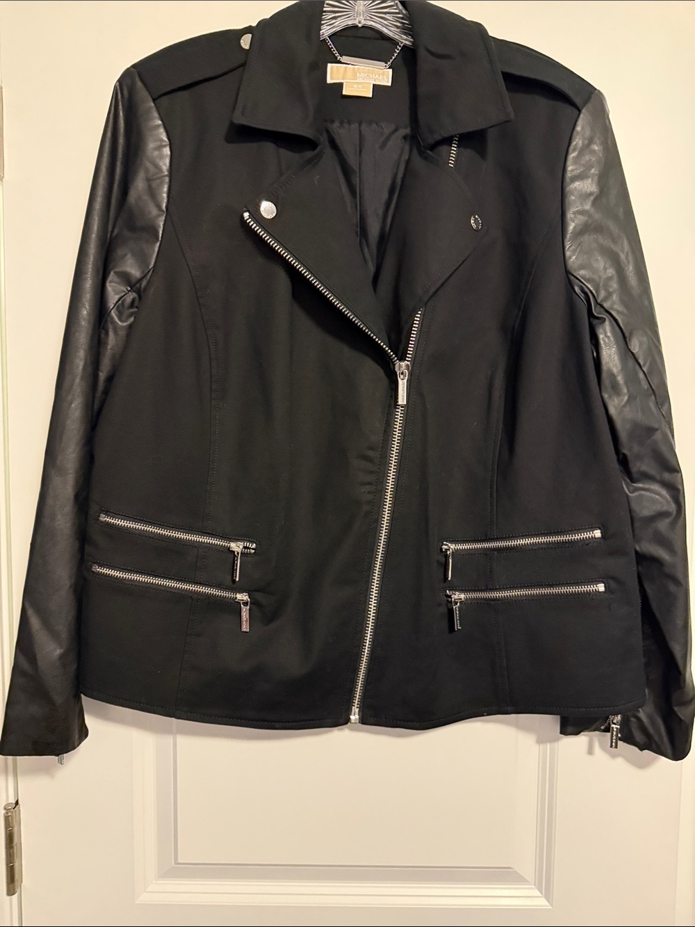 Michael Kors Black Mixed-Media Moto Jacket with Zip Pockets